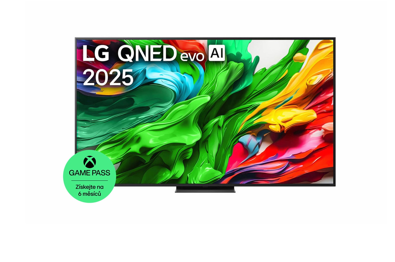 Pohled na LG QNED evo QNED85 TV zepředu, logo LG QNED evo Al v horním rohu. LG QNED evo QNED85 TV zobrazuje barevné kreslené textury, které se spojují.