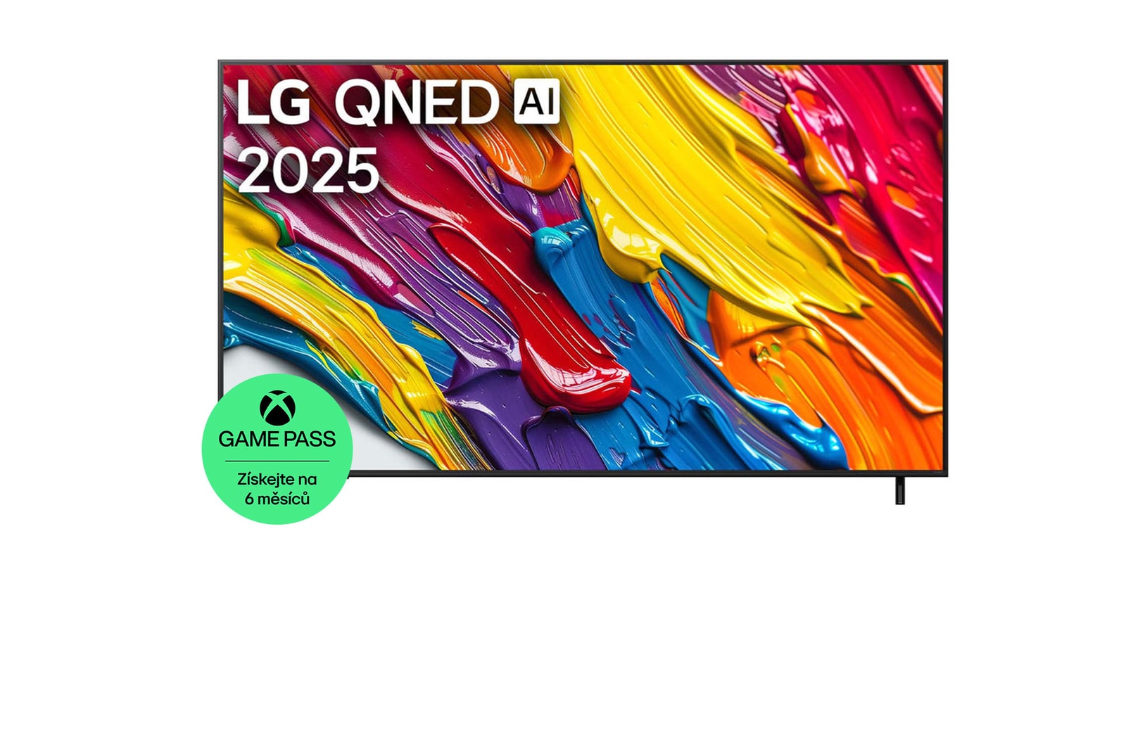 Pohled na televizor LG QNED82 TV zepředu, logo LG QNED Al v horním rohu. LG QNED TV zobrazuje barevné kreslené textury, které se spojují.
