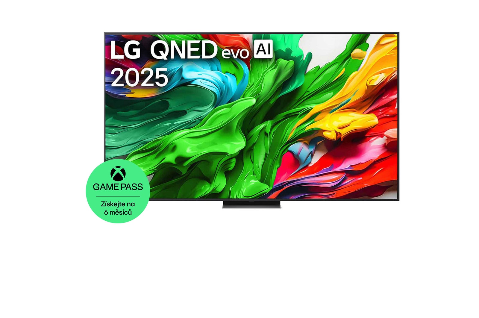 Pohled na LG QNED evo QNED86 TV zepředu, logo LG QNED evo Al v horním rohu. LG QNED evo QNED86 TV zobrazuje barevné kreslené textury, které se spojují.