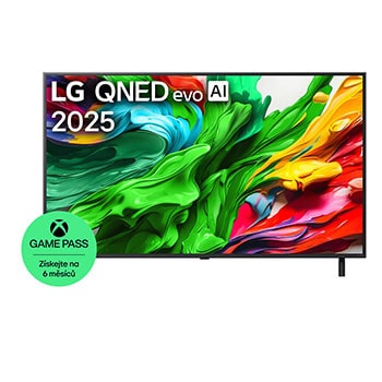 Pohled na LG QNED evo QNED85 TV zepředu, logo LG QNED evo Al v horním rohu. LG QNED evo QNED85 TV zobrazuje barevné kreslené textury, které se spojují.