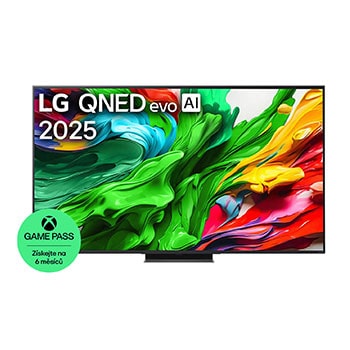 Pohled na LG QNED evo QNED85 TV zepředu, logo LG QNED evo Al v horním rohu. LG QNED evo QNED85 TV zobrazuje barevné kreslené textury, které se spojují.