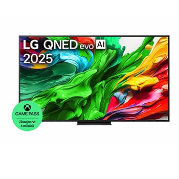 Pohled na LG QNED evo QNED85 TV zepředu, logo LG QNED evo Al v horním rohu. LG QNED evo QNED85 TV zobrazuje barevné kreslené textury, které se spojují.