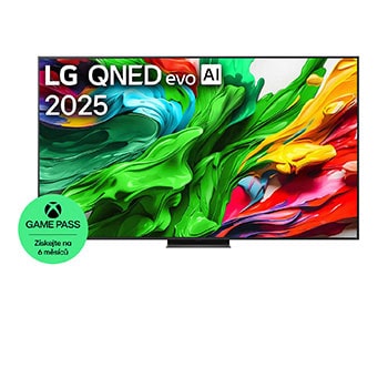 Pohled na LG QNED evo QNED86 TV zepředu, logo LG QNED evo Al v horním rohu. LG QNED evo QNED86 TV zobrazuje barevné kreslené textury, které se spojují.