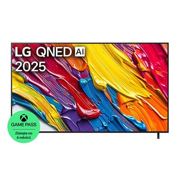 Pohled na televizor LG QNED82 TV zepředu, logo LG QNED Al v horním rohu. LG QNED TV zobrazuje barevné kreslené textury, které se spojují.