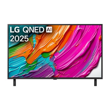 Pohled na televizor LG QNED8E TV zepředu, logo LG QNED Al v horním rohu. LG QNED TV zobrazuje barevné kreslené textury, které se spojují.