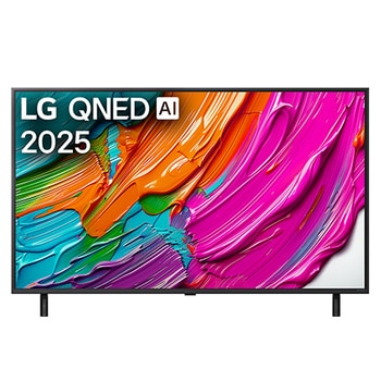 Pohled na televizor LG QNED8E TV zepředu, logo LG QNED Al v horním rohu. LG QNED TV zobrazuje barevné kreslené textury, které se spojují.