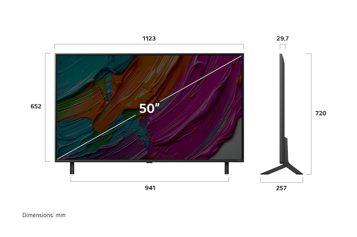Pohled zepředu a z boku na LG QNED AI QNED8E 4K Smart TV s rozměry na délku, šířku, výšku a hloubku.