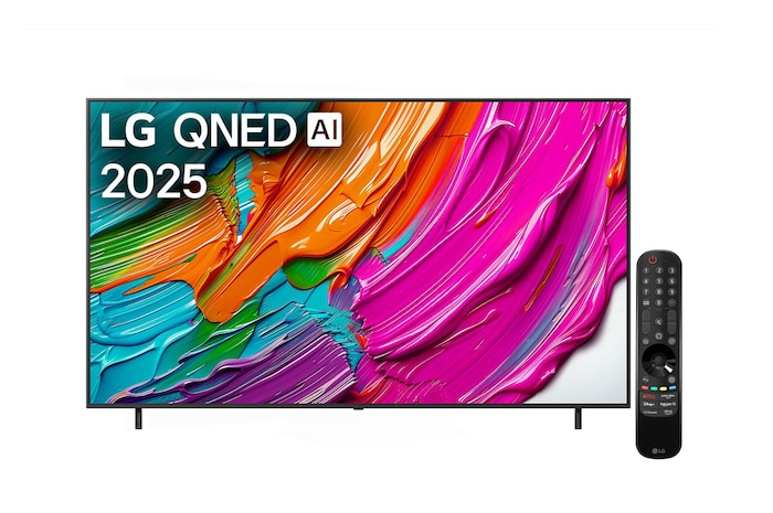 Pohled na televizor LG QNED8E TV zepředu, logo LG QNED Al v horním rohu. LG QNED TV zobrazuje barevné kreslené textury, které se spojují.
