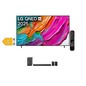 Čelní pohled na SET - LG QNED evo AI 65QNED8E Mini LED 4K Smart TV 2025 + 5.1 kanálový LG Soundbar se zadními reproduktory S60TR 65QNED8E.S60TR