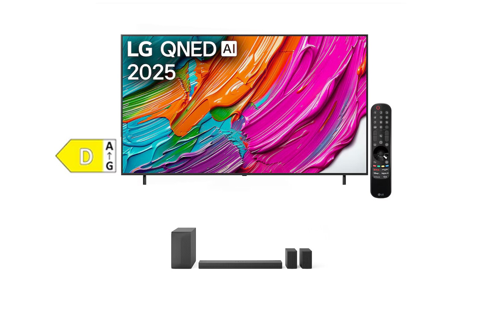 Čelní pohled na SET - LG QNED evo AI 75QNED8E Mini LED 4K Smart TV 2025 + 5.1 kanálový LG Soundbar se zadními reproduktory S60TR 75QNED8E.S60TR