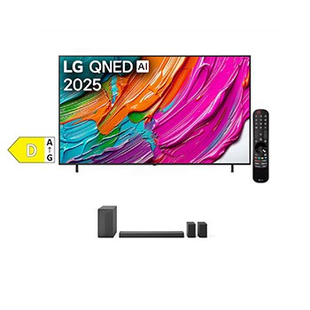 Čelní pohled na SET - LG QNED evo AI 75QNED8E Mini LED 4K Smart TV 2025 + 5.1 kanálový LG Soundbar se zadními reproduktory S60TR 75QNED8E.S60TR