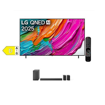 Pohled na televizor LG QNED8E TV zepředu, logo LG QNED Al v horním rohu. LG QNED TV zobrazuje barevné kreslené textury, které se spojují.