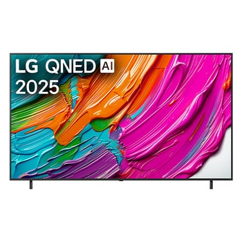 Pohled na televizor LG QNED8E TV zepředu, logo LG QNED Al v horním rohu. LG QNED TV zobrazuje barevné kreslené textury, které se spojují.