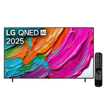 Pohled na televizor LG QNED8E TV zepředu, logo LG QNED Al v horním rohu. LG QNED TV zobrazuje barevné kreslené textury, které se spojují.
