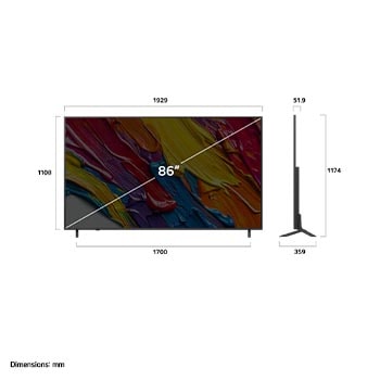 Pohled zepředu a z boku na LG QNED82 AI 4K Smart TV s rozměry na délku, šířku, výšku a hloubku.