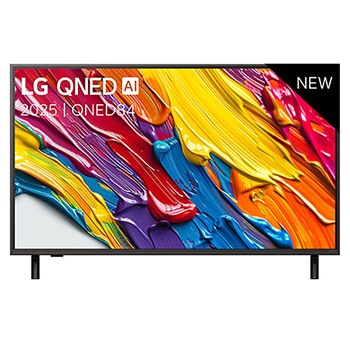 Pohled na televizor LG QNED82 TV zepředu, logo LG QNED Al v horním rohu. LG QNED TV zobrazuje barevné kreslené textury, které se spojují.