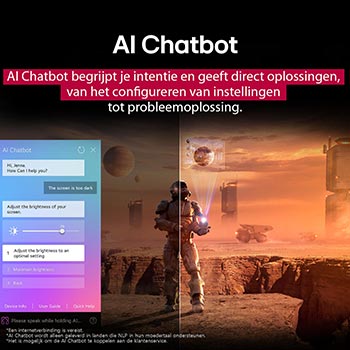 Na obrazovce LG TV se přehrává sci-fi obsah. Na obrazovce je rozhraní AI Chatbot. Uživatel napsal chatbotovi, že obrazovka je příliš tmavá. Chatbot nabídl možnosti řešení požadavku. Celá scéna je také rozdělena na dvě části. Jedna polovina je tmavší, druhá jasnější, demonstrující, jak AI Chatbot automaticky vyřešil situaci pro uživatele. Text vysvětluje, že Al Chatbot dokáže porozumět záměrům uživ