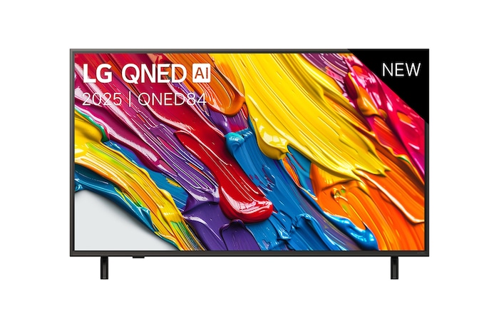 Pohled na televizor LG QNED82 TV zepředu, logo LG QNED Al v horním rohu. LG QNED TV zobrazuje barevné kreslené textury, které se spojují.