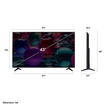 Pohled zepředu a z boku na LG UHD AI UA73 4K Smart TV s rozměry na délku, šířku, výšku a hloubku.
