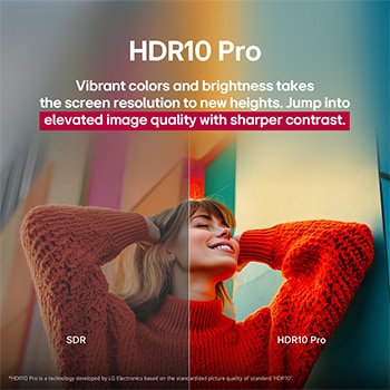 Fotografie dívky v červeném svetru rozdělená uprostřed tak, aby levá strana byla zobrazena v režimu SDR a pravá strana v režimu HDR10 Pro. Pravá strana snímku je ve srovnání s levou ostřejší a kontrastnější. Titulek pojednává o tom, jak HDR10 Pro poskytuje vyšší kvalitu obrazu a ostřejší kontrast. 