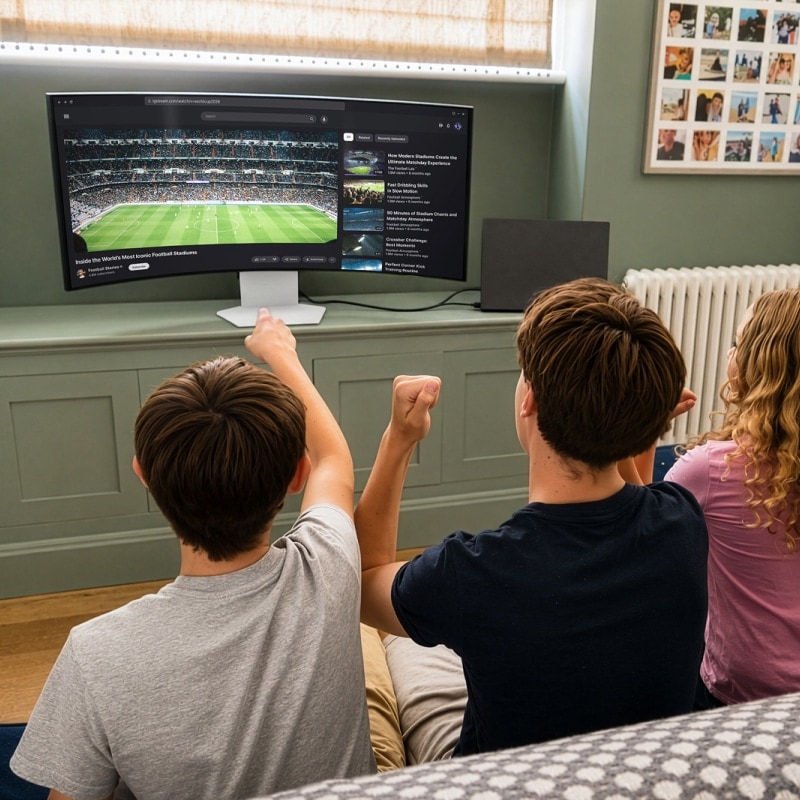 Tři sourozenci společně sledují fotbalový zápas na monitoru LG UltraGear.