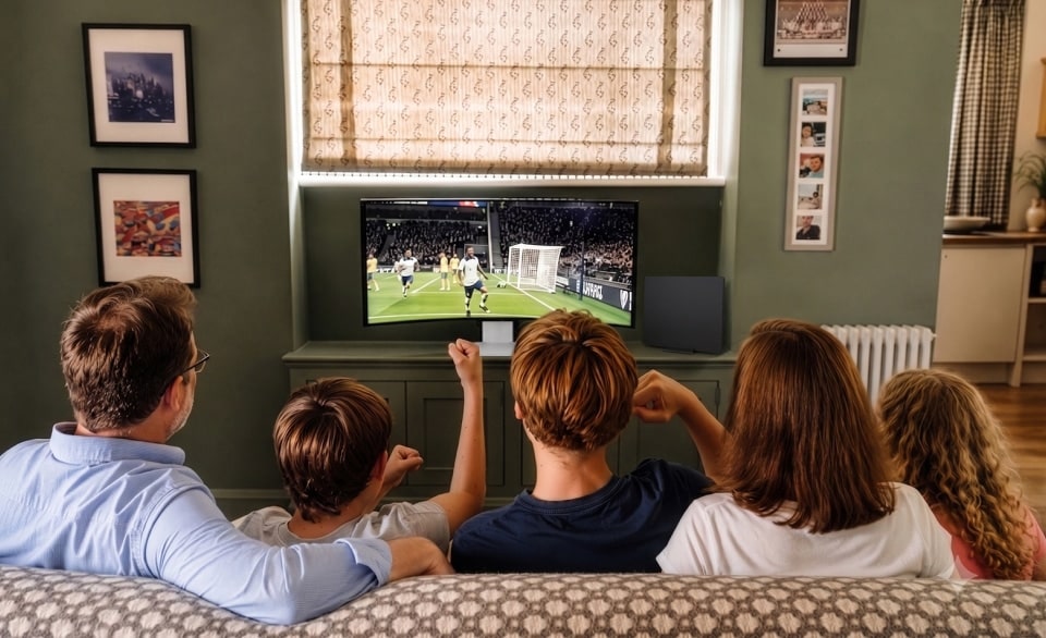 Pohled zezadu na rodinu sedící společně v obývacím pokoji při sledování fotbalového zápasu na zakřiveném monitoru.