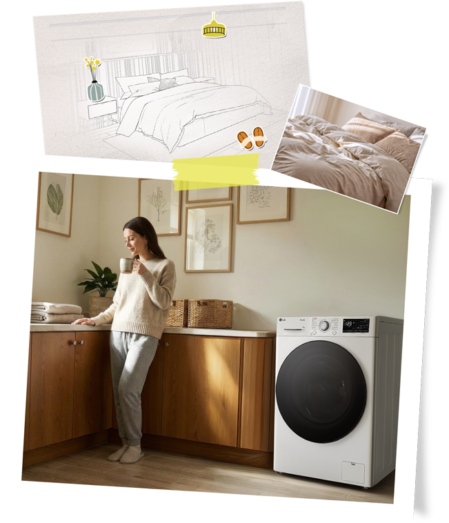 Žena osvěžující ložní prádlo pomocí pračky LG jako součást klidné víkendové rutiny.