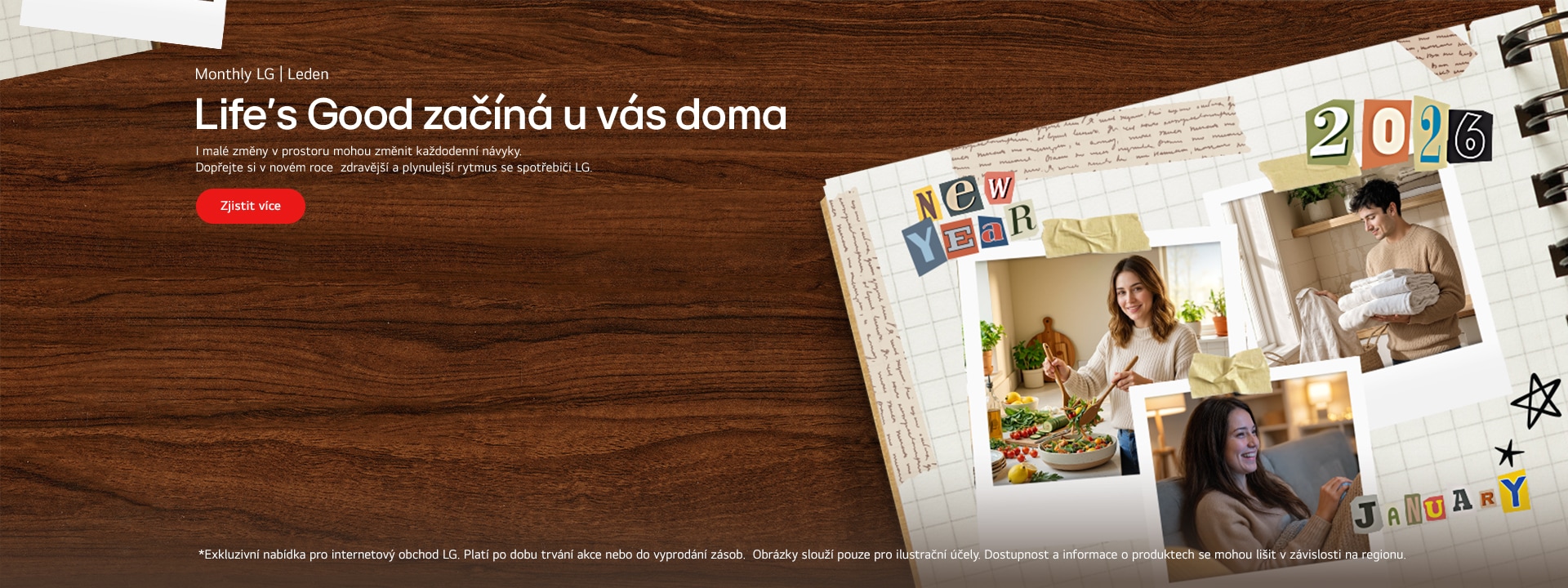 Deník na hnědém stole s koláží novoročních dekorací a Polaroidovými fotografiemi lidí, kteří si užívají spotřebiče LG