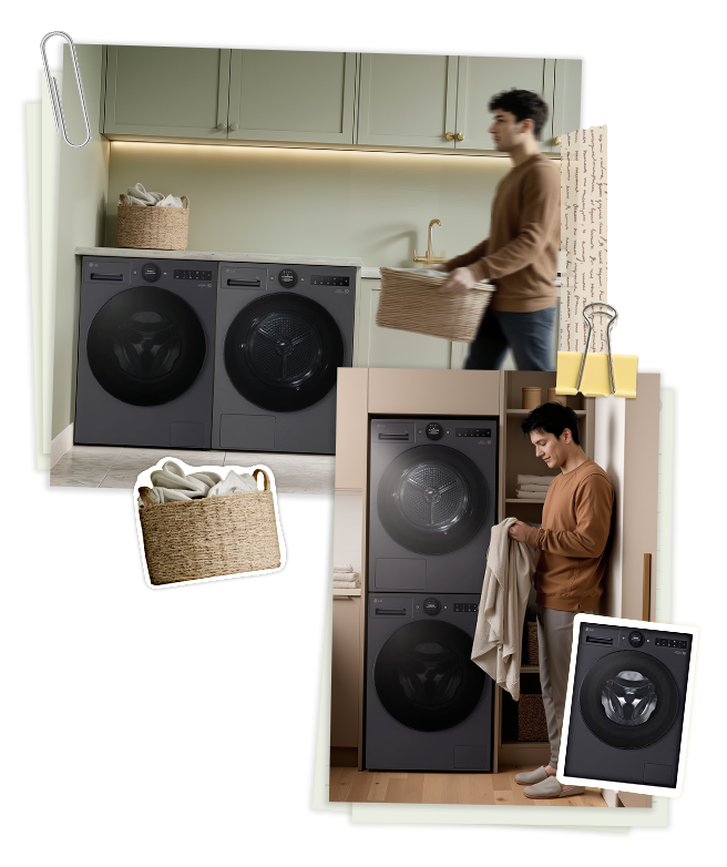 Kolážový obraz muže připravujícího prádlo v malém prostoru, s pračkami a sušičkami instalovanými jak vertikálně, tak vedle sebe	