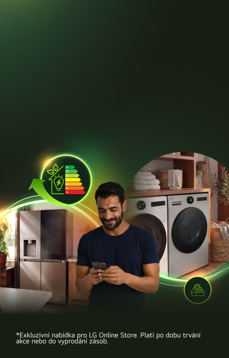 Muž používá smartphone v moderní prádelně s pračkou, sušičkou a chladničkou LG, obklopený grafikou energetické účinnosti.