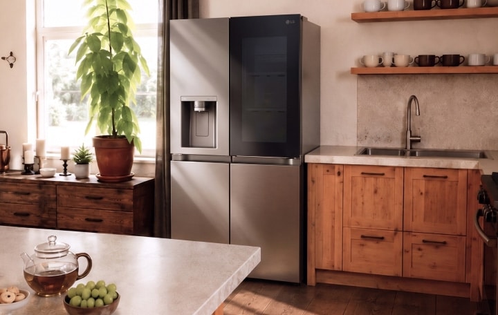 Matně černá chladnička LG umístěná ve světlé kuchyni v rustikálním stylu s dřevěnou linkou.