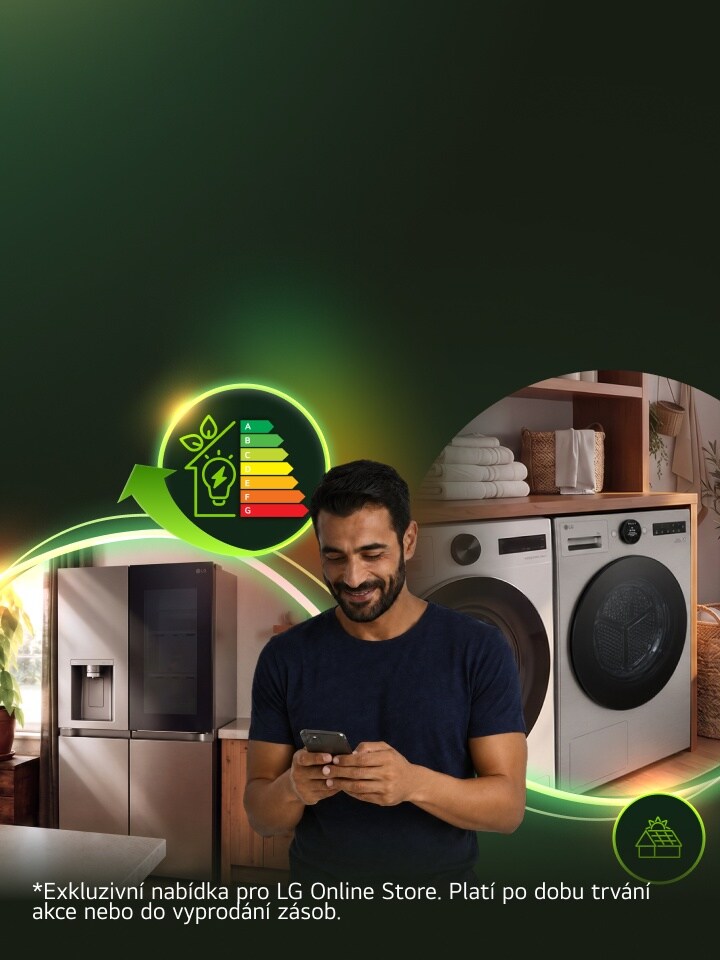 Muž používá smartphone v moderní prádelně s pračkou, sušičkou a chladničkou LG, obklopený grafikou energetické účinnosti.