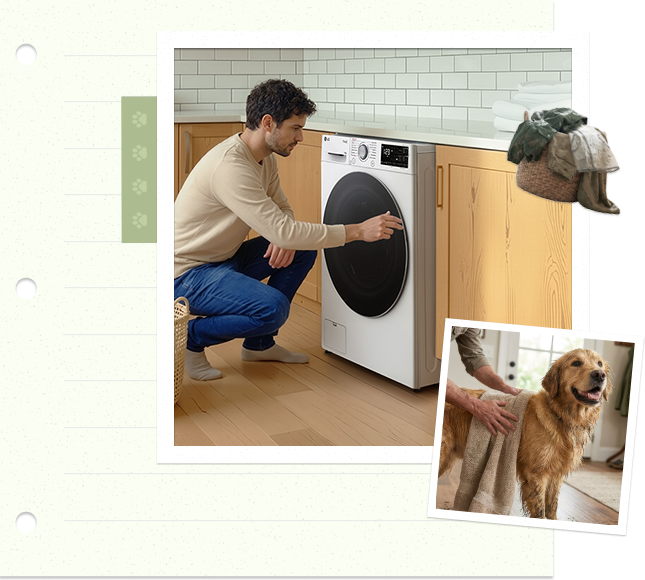 'Muž nakládá prádlo do pračky, zatímco zlatý retrívr stojí poblíž v útulném domovním interiéru