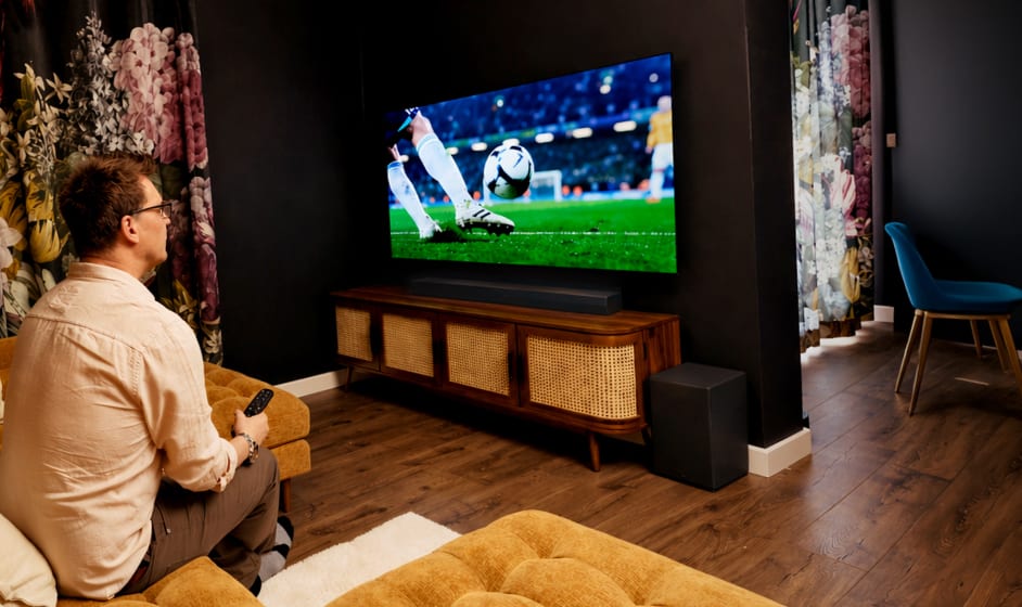 Muž sedí na pohovce ve světlém obývacím pokoji, drží dálkový ovladač a sleduje fotbalový zápas na nástěnné televizi.