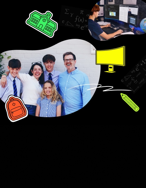 Fotografie šťastné rodiny s dětmi ve školních uniformách a studenta, který se učí u monitoru.