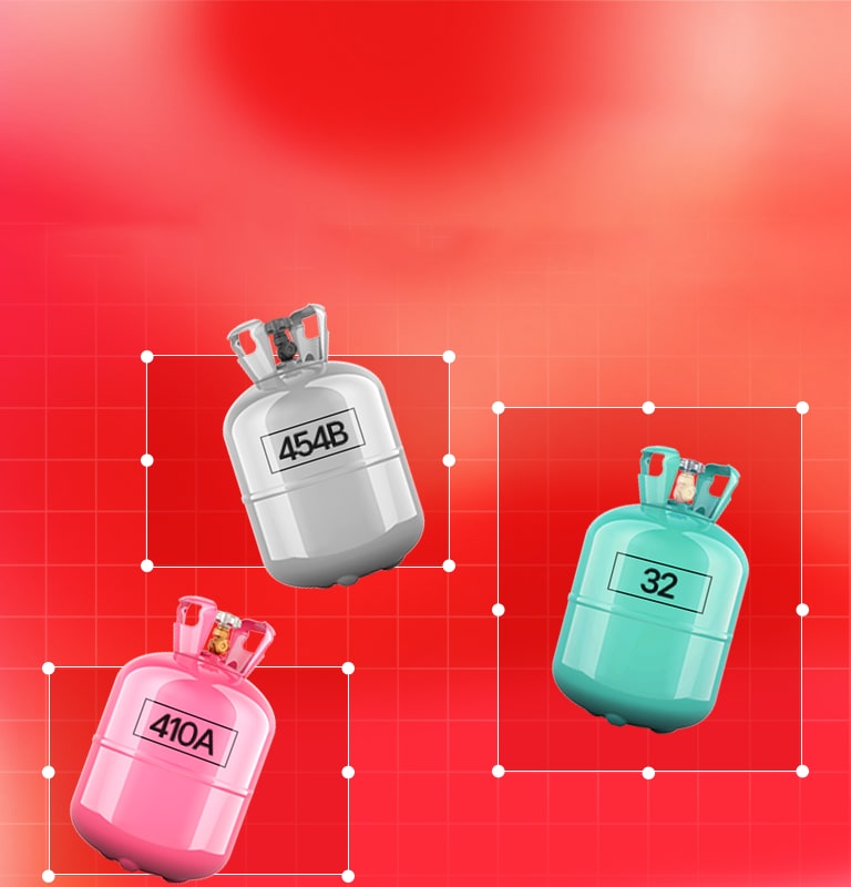 Tři nádrže na chladivo s označením 410A, 454B a 32 s nápisem HVAC na červeném mřížkovém pozadí. 