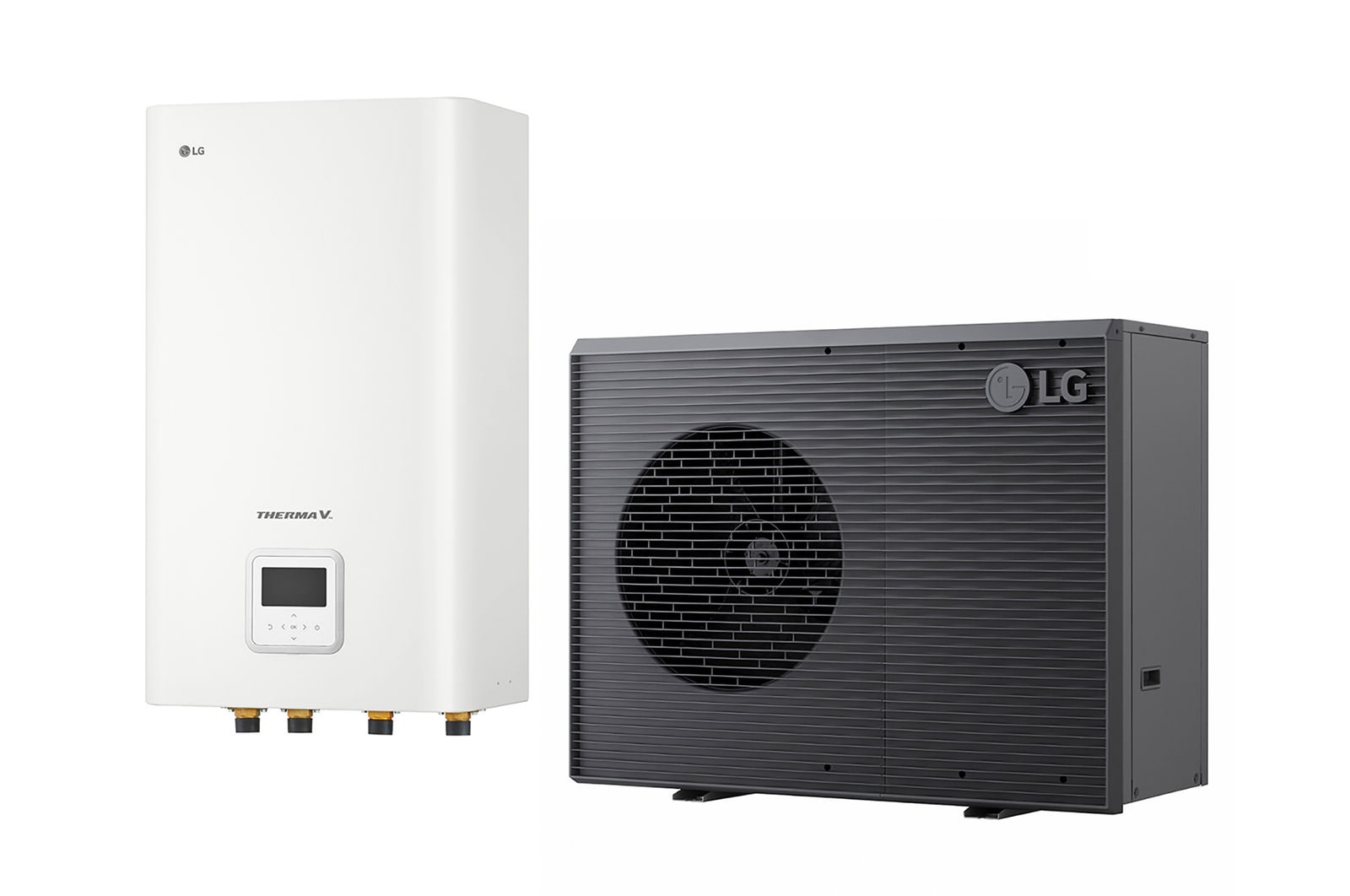 Tepelné čerpadlo vzduch-voda LG THERMA V, černá venkovní jednotka s šedou zvlněnou mřížkou