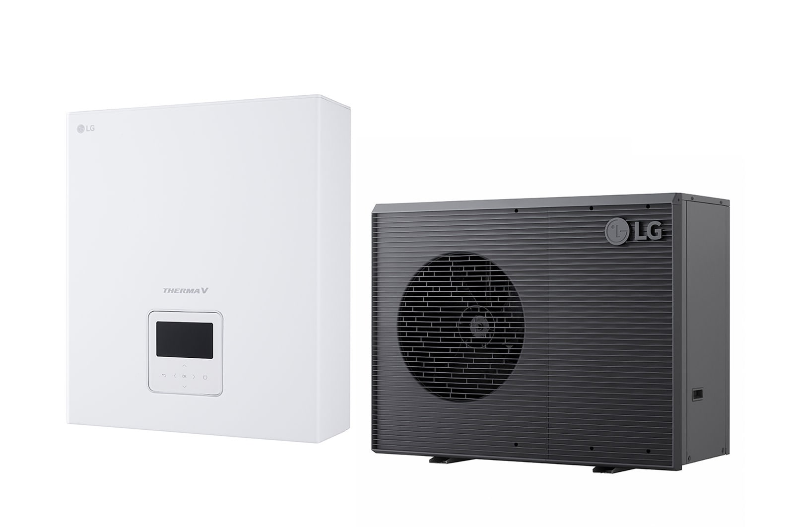 Tepelné čerpadlo vzduch-voda LG THERMA V, černá venkovní jednotka s šedou zvlněnou mřížkou