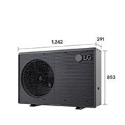 LG Air to Water Heat Pumps HM091MRS UA40, with dimensions labeled, black outdoor unit featuring a grey wavy grille.