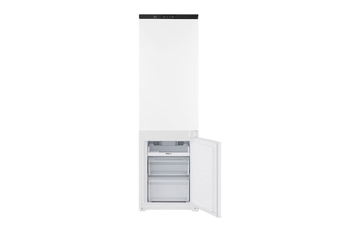 Detail spodní části vestavné kombinované chladničky (233 l) v bílé barvě s technologií Total No Frost a zásuvkou na čerstvou zeleninu.