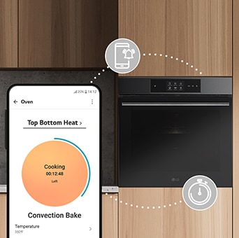 Na tomto obrázku jsou ikony vyjadřující časovače a funkce push notifikace propojené mezi chytrým telefonem a troubou. 