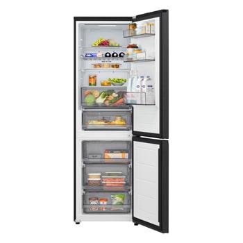 Pohled na plně otevřené dveře spodní mrazničky LG (gbbs726cpy) zobrazující chladicí a mrazicí přihrádky