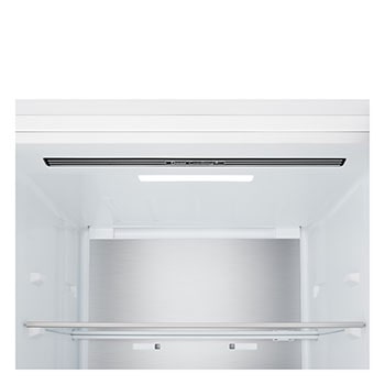 Chladnička s mrazničkou LG – detailní záběr na stojan na víno pro čtyři láhve a krabičku makronek s designem stojanu zvětšeným v kruhovém obrázku