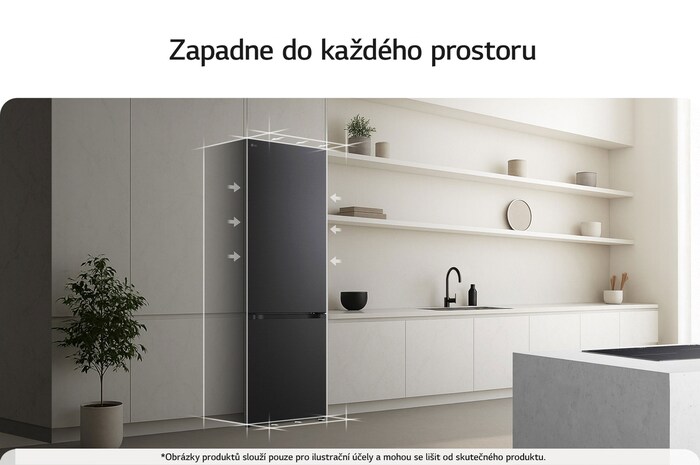 Spodní mraznička LG (gbbs726cpy) je zapuštěna do vysoké stěny v teplé béžové barvě s bílými šipkami směřujícími k horní a přední straně