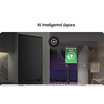 Spodní mraznička LG (gbbs726cpy) v obývacím prostoru s nočním pohledem na město, překrytá grafikou režimu AI Saving Mode a grafem kolísání spotřeby energie