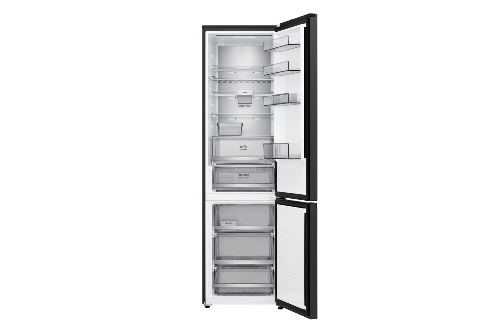 LG fridge freezer (GBBS726BEV) top view with matte black fridge on left and cabinet wall on right