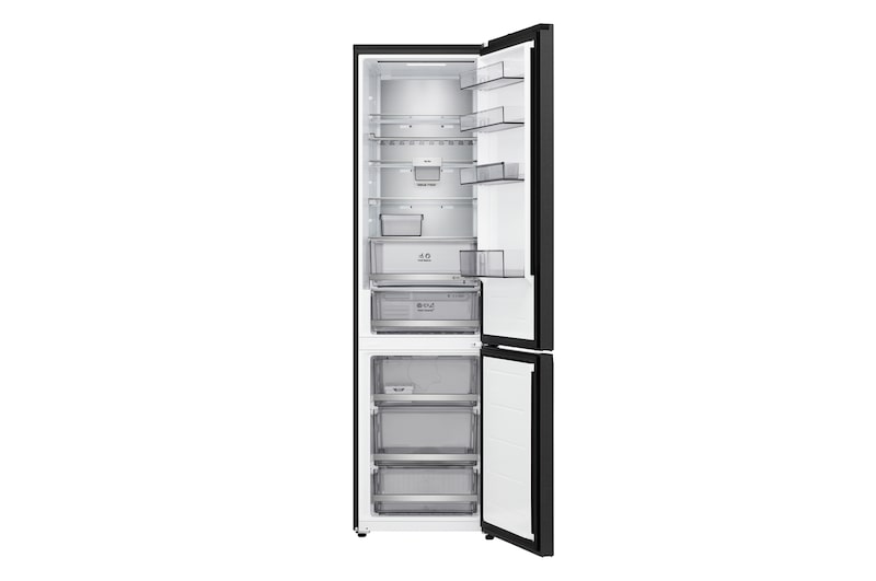LG fridge freezer (GBBS726BEV) top view with matte black fridge on left and cabinet wall on right