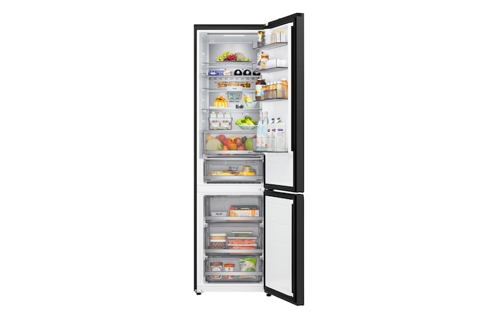 LG bottom freezer (GBBS726BEV) full door open view showing fridge and freezer compartments