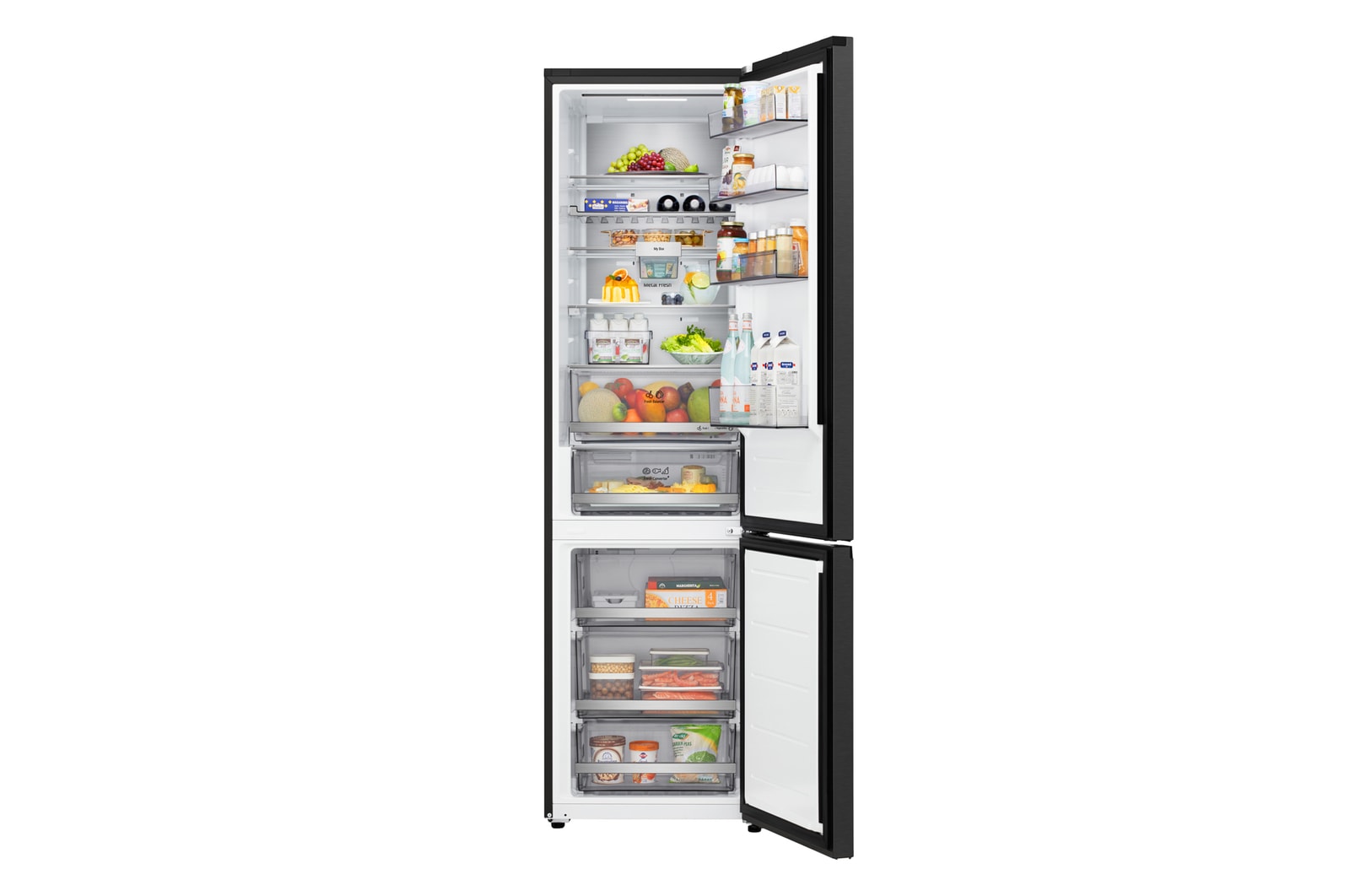 LG bottom freezer (GBBS726BEV) full door open view showing fridge and freezer compartments