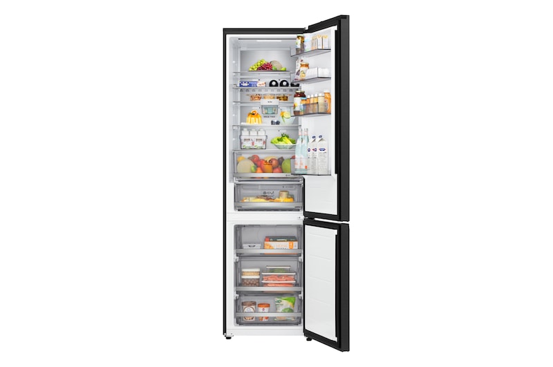 LG bottom freezer (GBBS726BEV) full door open view showing fridge and freezer compartments